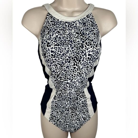 Athleta Navy Blue & White Leopard Print Zimbabwe One Piece Swimsuit Size 36 B/C - Picture 2 of 12